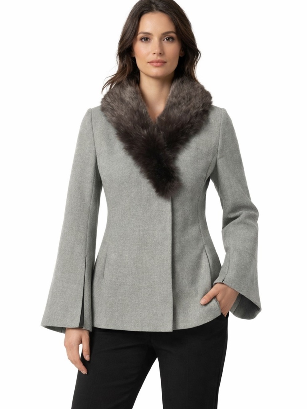 NWT Banana Republic Gray Blazer/Jacket Detachable Faux Fur Collar Bell Sleeve 6